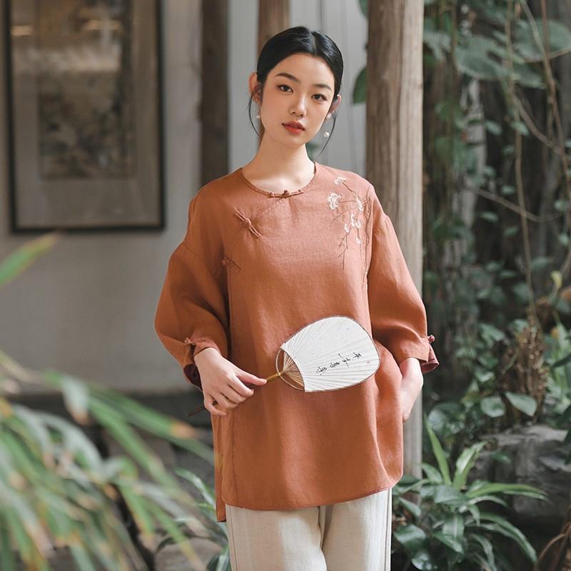 Johnature Women Embroidery Floral Shirts O-Neck Tops Chinese Style Solid Color Blouses Summer Loose Shirts