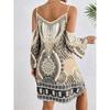 Women Bohemian Print Cold Shoulder Mini Dress Casual Long Sleeve A Line Dress