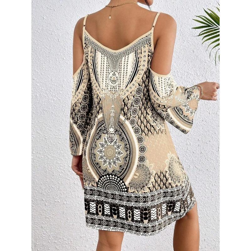 Women Bohemian Print Cold Shoulder Mini Dress Casual Long Sleeve A Line Dress