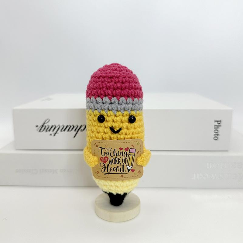 Funny Positive Crochet Cow Doll Desktop Ornament Handmade Cheer Emotional Support Positive Cow with Card Home Party Decoration