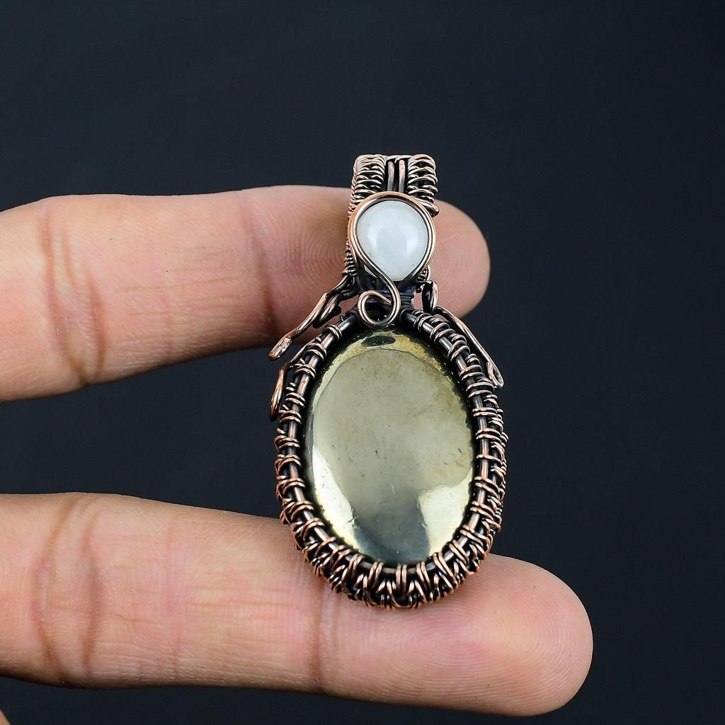 Ravishing Pyrite & Moonstone Gemstone Handmade Copper Wire Wrap Jewelry Pendant For Women