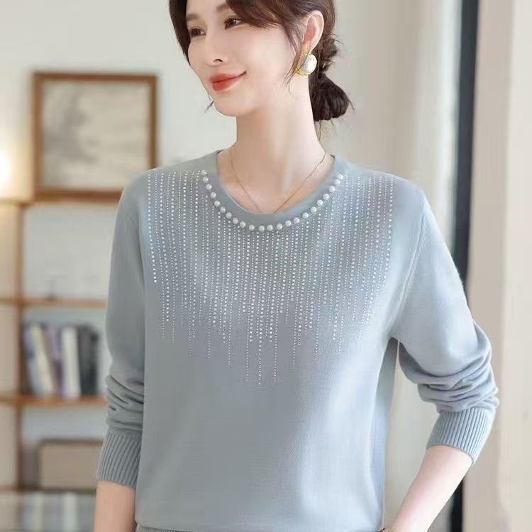 Spring Autumn Women's Round Neck Knit Sweater Loose Beaded Knit Pullover Top