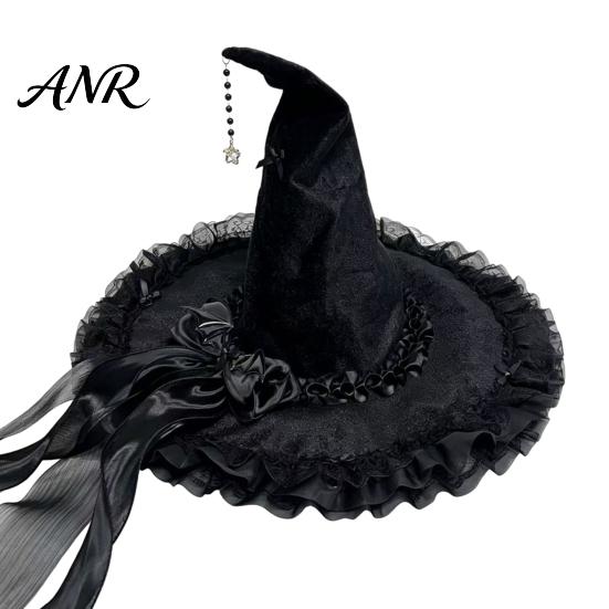 Spooky Festival Accessories Halloween Witch Hat for Women, Large Black Velvet Wizard with Party Favors Mesh Ruffle Brim Adults Costume, Cosplay