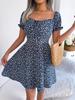 Casual Floral Print High Waist Square Neck Flared Sleeve Midi A Line Dress For Women