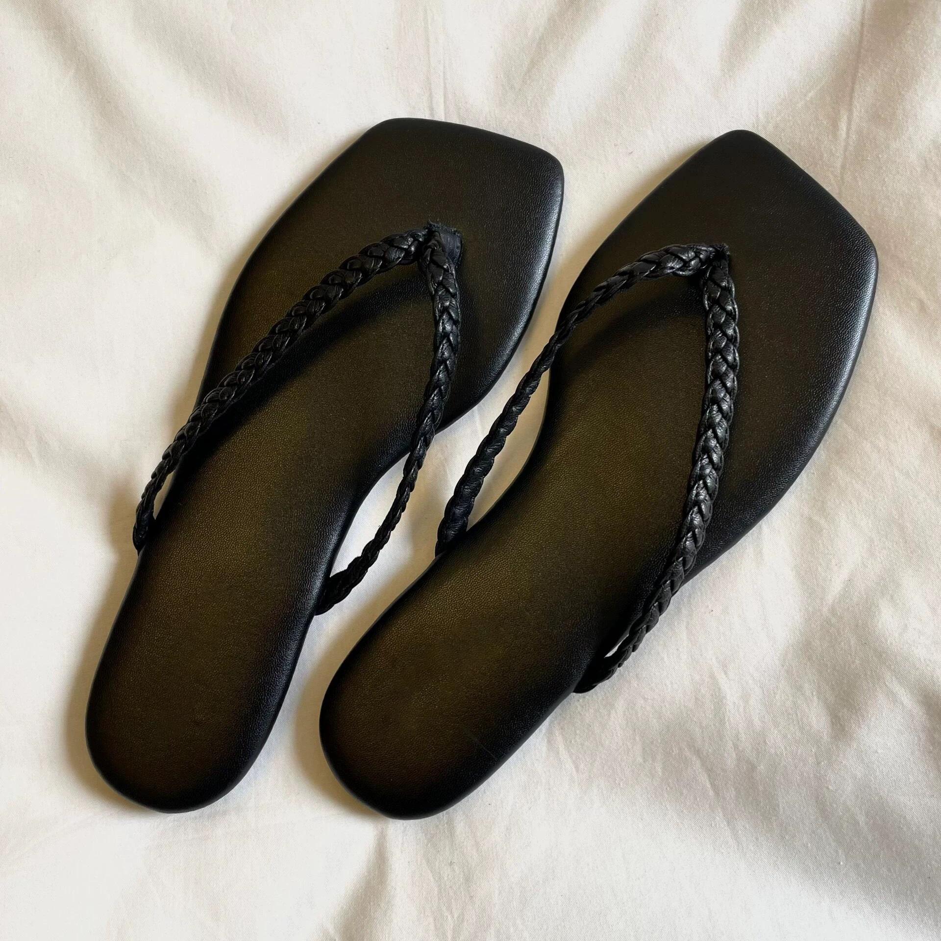 

Нишевые плетеные шлепанцы из натуральной кожи с перемычкой для пальцев, женские сандалии на плоской подошве 40