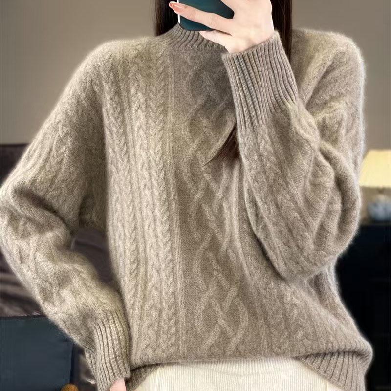 2024 Winter Women's Wool Knit Sweater - Twisted Flower, Half-High Neck, Thick & Loose Fit