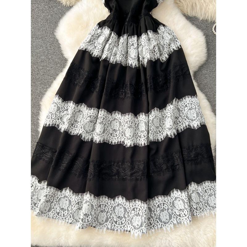 Stylish Lace Lace Color Contrast Patchwork Sexy Tube Top Strappy Dress Female French Small Dress Vacation Dress