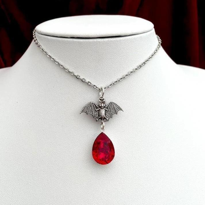 Gothic Bat Necklace Blood Drop Pendant Stainless Steel With Cross Chain For Women