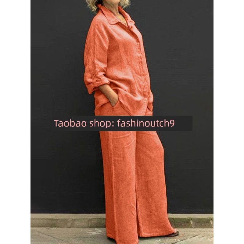 

Розовый льняной костюм женский весна и осень новая коллекция свободный повседневный рубашка с длинными рукавами свободные брюки комплект из двух предметов CORAL 4XL