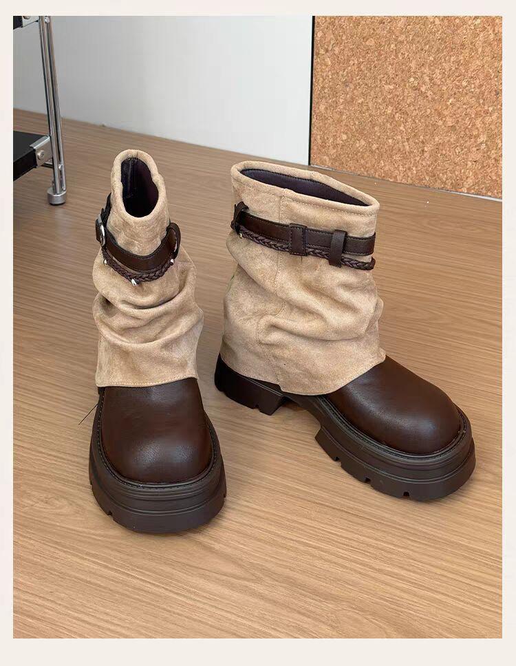 Sleeve Versatile Black Design Short Boots Women's Autumn Belt Buckle Martin Boots Fashion Enhances Thick Bottom