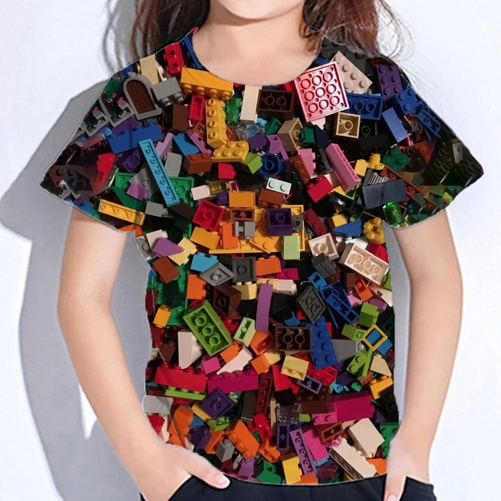 3D Colourful Bricks Short Sleeve Tshirts Summer Children's Boy's Clothing T-Shirt For Girls Kids Clothes Fashion 2026 Tees Tops