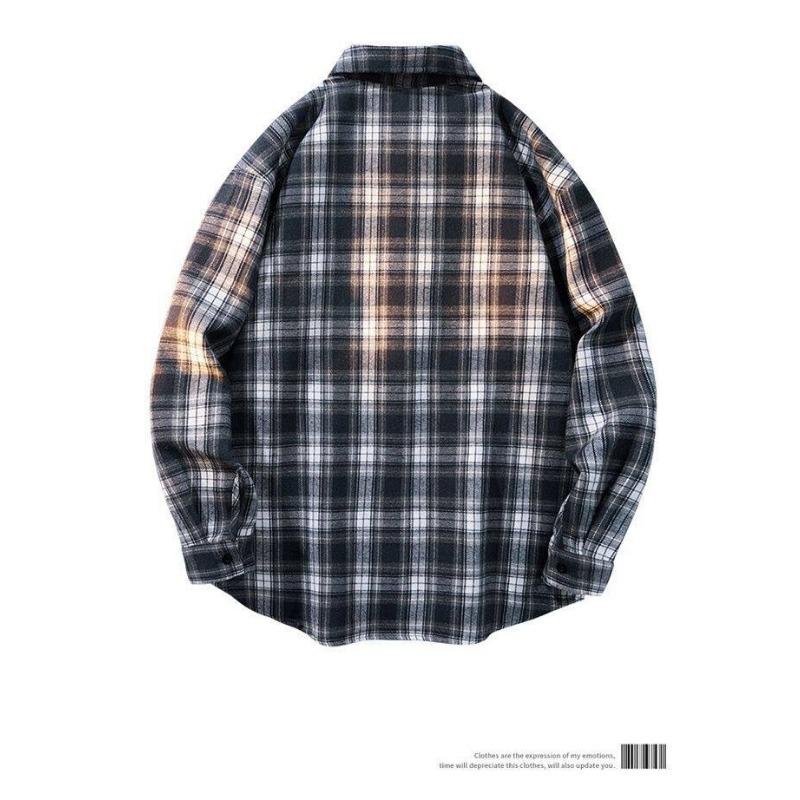 Men S Hong Kong Style Plaid Long Sleeve Casual Shirt Plus Size