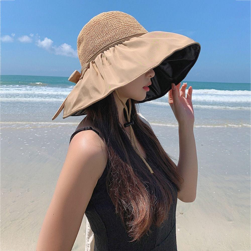 Spring Summer Sun Protection Hat Outdoor Bow Bucket Hat Trendy Wide Brim Sun Hat  for Female
