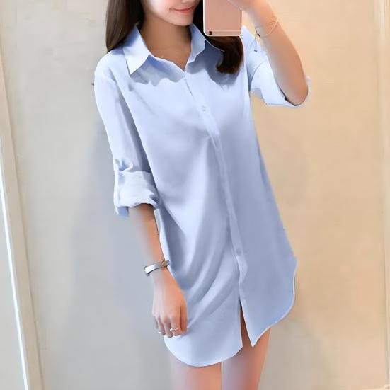 Camisa de mujer con solapa, manga larga, estilo largo medio, color liso, botones, tapeta, informal, corte regular, uso diario