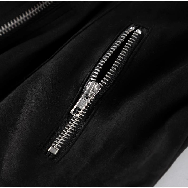 Jaqueta Vintage de Couro Camurça Sintético Slim Fina Feminina Gola Virada para Baixo Zíper Casaco Curto Manga Comprida Jaquetas Sólidas Estilo Motociclista Casual Outono Inverno