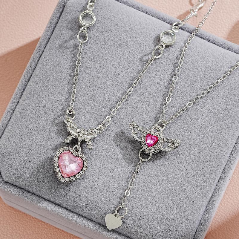 Kristall Ängelvingar Hjärta Hänge Halsband Set Damer Flicka Enkelt Y2K Rosa Vit Zirkon Kärlek Elegant Halsband Kvinnor Smyckesset