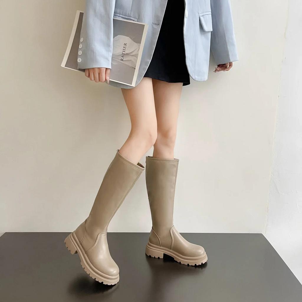 Ladies Shoes on Sale 2024 High Quality Sleeve Women's Boots Winter Round Toe Warm Solid Middle Tube Chunky Heels Fashion Boots