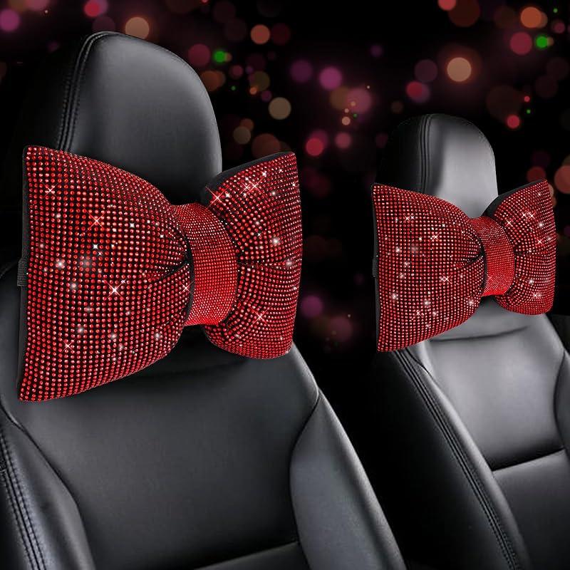 2 PCS Bling Car Pillows,Rhinestones Bowknot Car Headrest Pillow,Car Neck Pillow for Driver Relax Necksupport,Sleeping Travel Support Neck