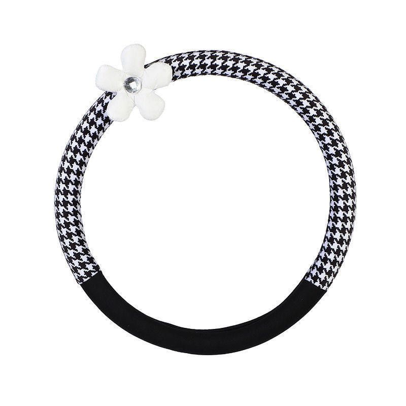 

New Car Steering Wheel Cover, down Feather Flower Design, Non-Slip and Durable Handle Cover, Goddess Car Interior Accessories Houndstooth Patchwork Handlebar White down Flower