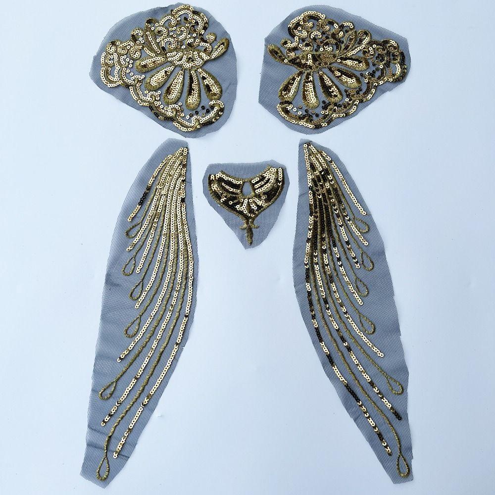 1 Set Gold Silver Sequin Lace Fabric Patch Organza Trim Embroidered Tassel Sequins Wing Patch Elegant Sequined Patch