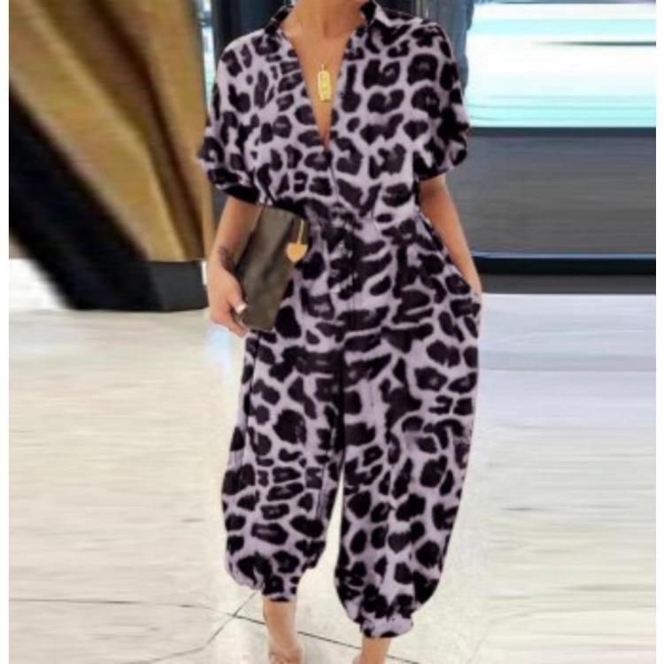 

Женский свободный повседневный комбинезон с коротким рукавом на пуговицах с ретро леопардовым принтом большого размера S фиолетовый