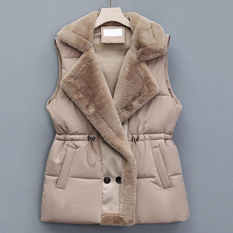 Winter Cotton Fur Integrated Down Vest Womens Puffer Vest Stand Collar Button Down Padded Jacket with Drawstring Waistcoat