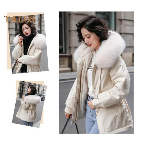 Women Padded Jacket Thickened Plush Lined Coat with Drawstring Waist Winter Warm Puffer Jacket with Faux Fur Hood for Work Streetwear
