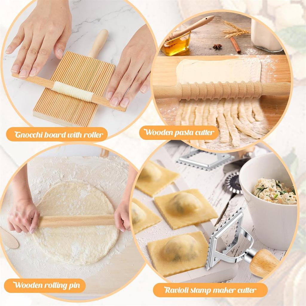 Wood Threaded Rolling Pin Pasta Tool Set Dough Scraper Gnocchi Board Dumpling Maker Ravioli Stamp Cutter Wood Texture