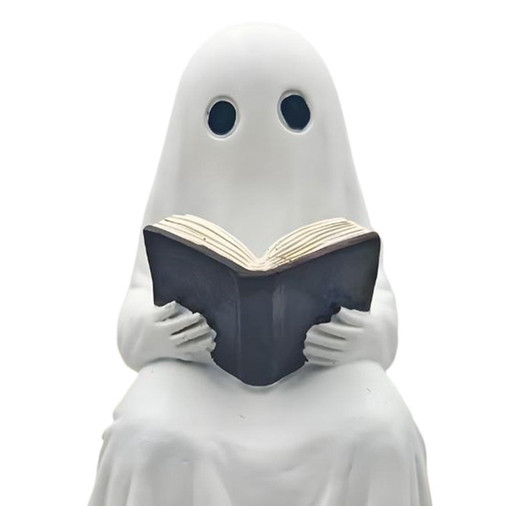 Halloween Resin Cute Ghost Statue Ghost Reading Book Outdoor Statue Miniature Figurine for Tabletop Halloween Decor Ghost Decor