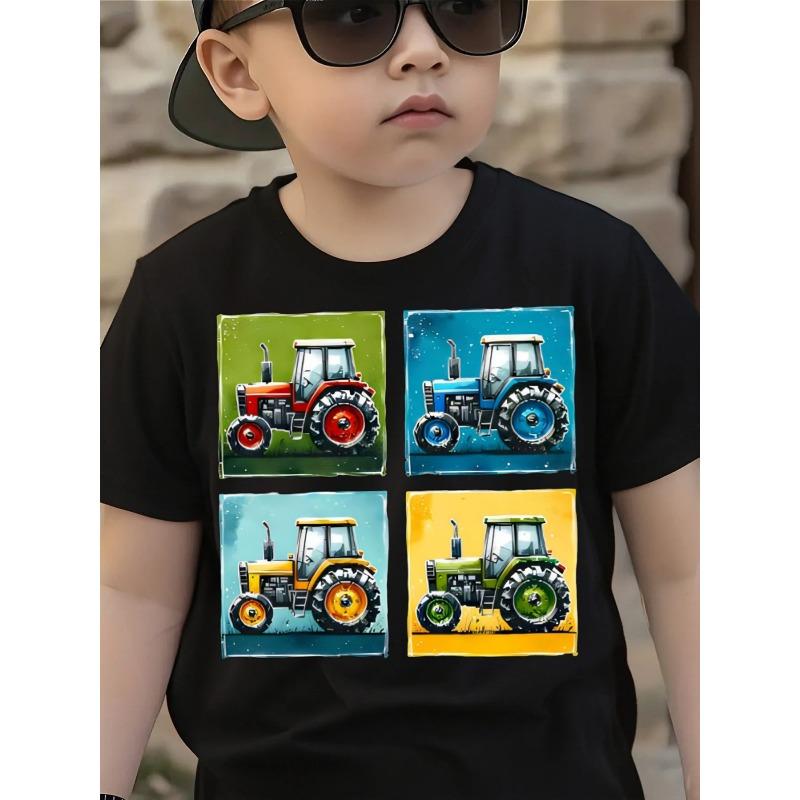 European sizes Colorful Tractor Tiles Art Little Boys T-Shirt Soft And Comfortable Everyday Top, Comfortable And Breathable