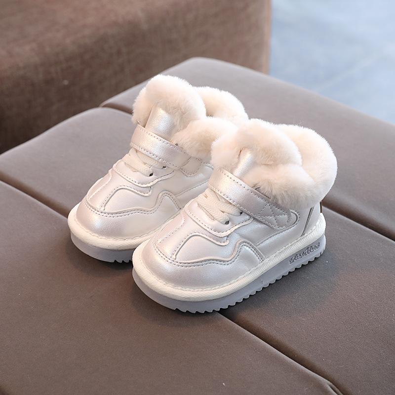 Winter Snow Boots Kids Fashion PU Leather Waterproof Shoes Boys Plus Cashmere Thick Short Boots Girls Cute Pink Casual Shoes