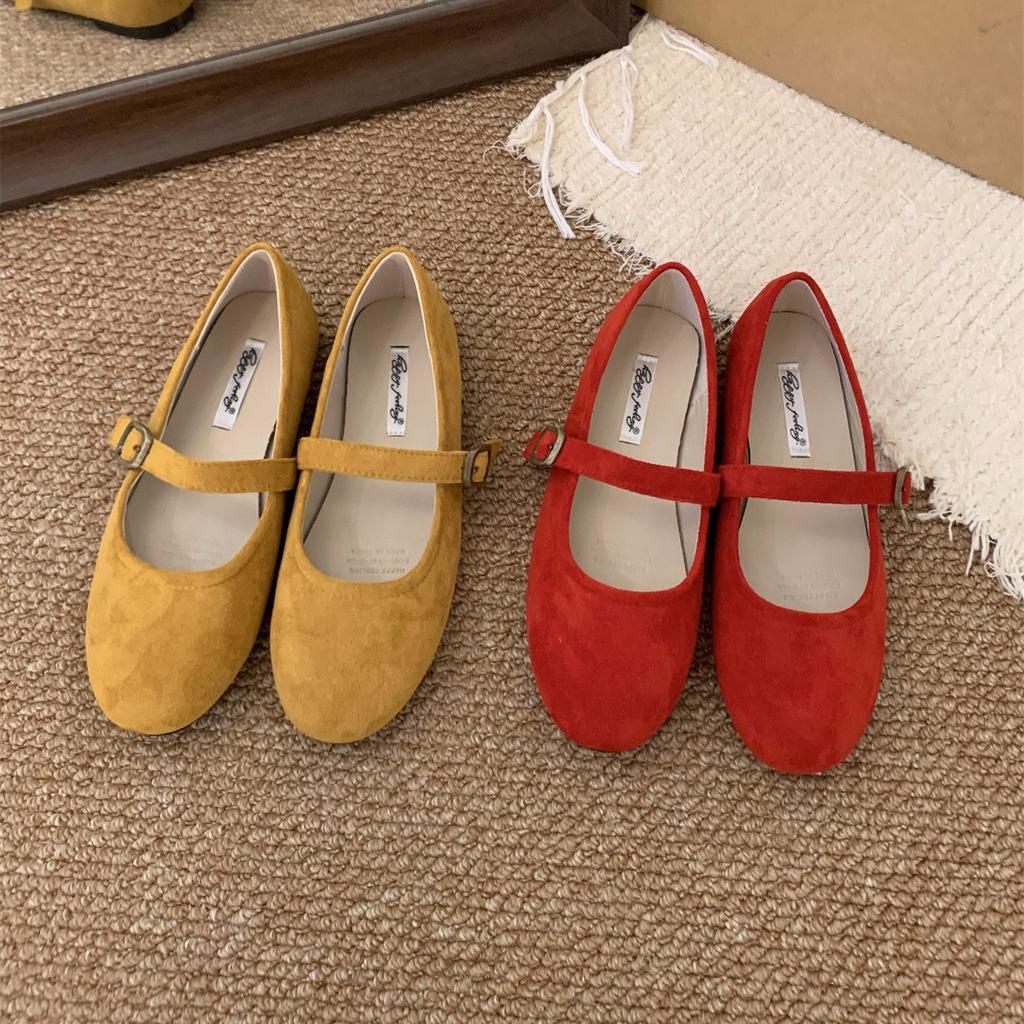 Suding round head retro red shallow mouth single shoes women's 2025 new spring Mori soft flat Mary Jane Doudou shoes