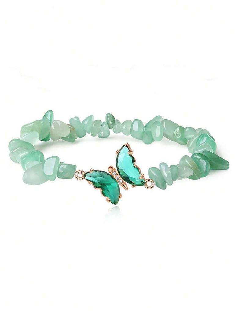 Festive Gifts Natural Chip Stone Beaded Bracelet Set With Butterfly Charms Delicate Fashion Jewelry For Women Daily Wear Simple Versatile Accessory
