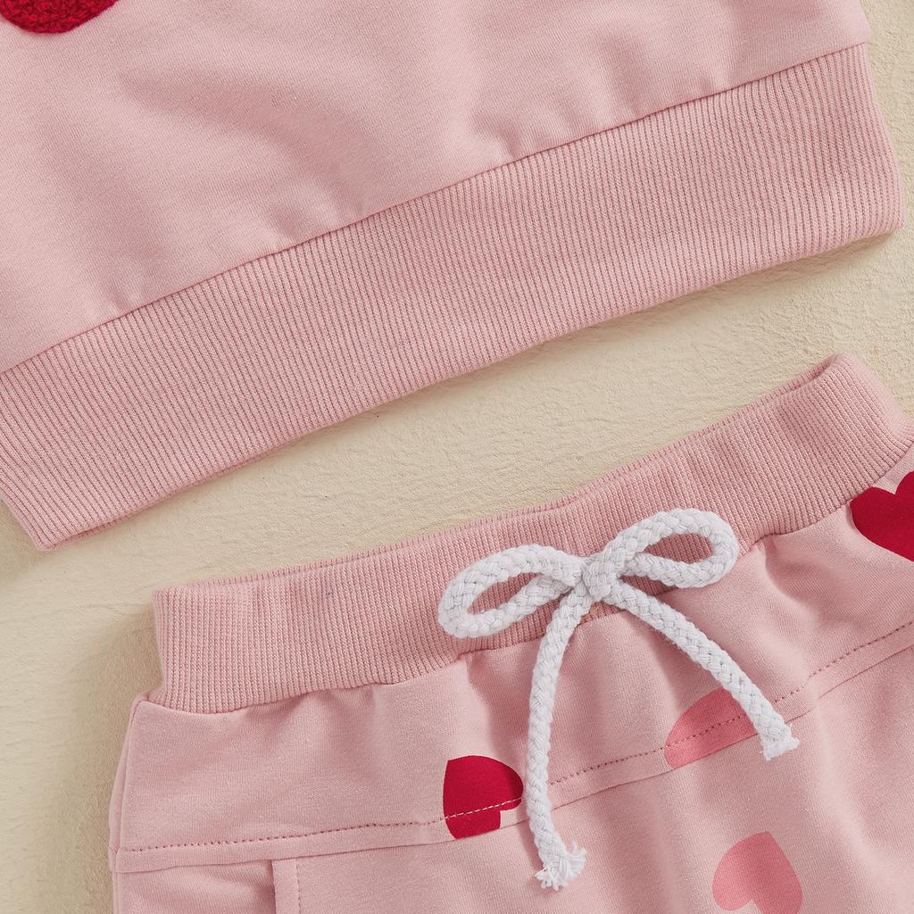Baby Girls 2-piece Outfit, Long Sleeve Embroidery Letters Hoodie with Heart Print Sweatpants Valentines Day Clothes
