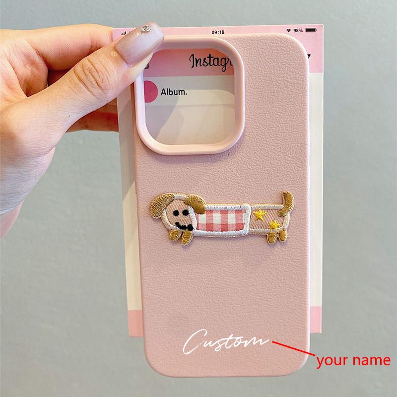 

3D Cartoon Embroidery Dog Personalized Custom Name Phone Case For iPhone 16 15 14 13 11 12 Pro Max Plus X XS XR Candy DIY Cover For iPhone 14 Pro