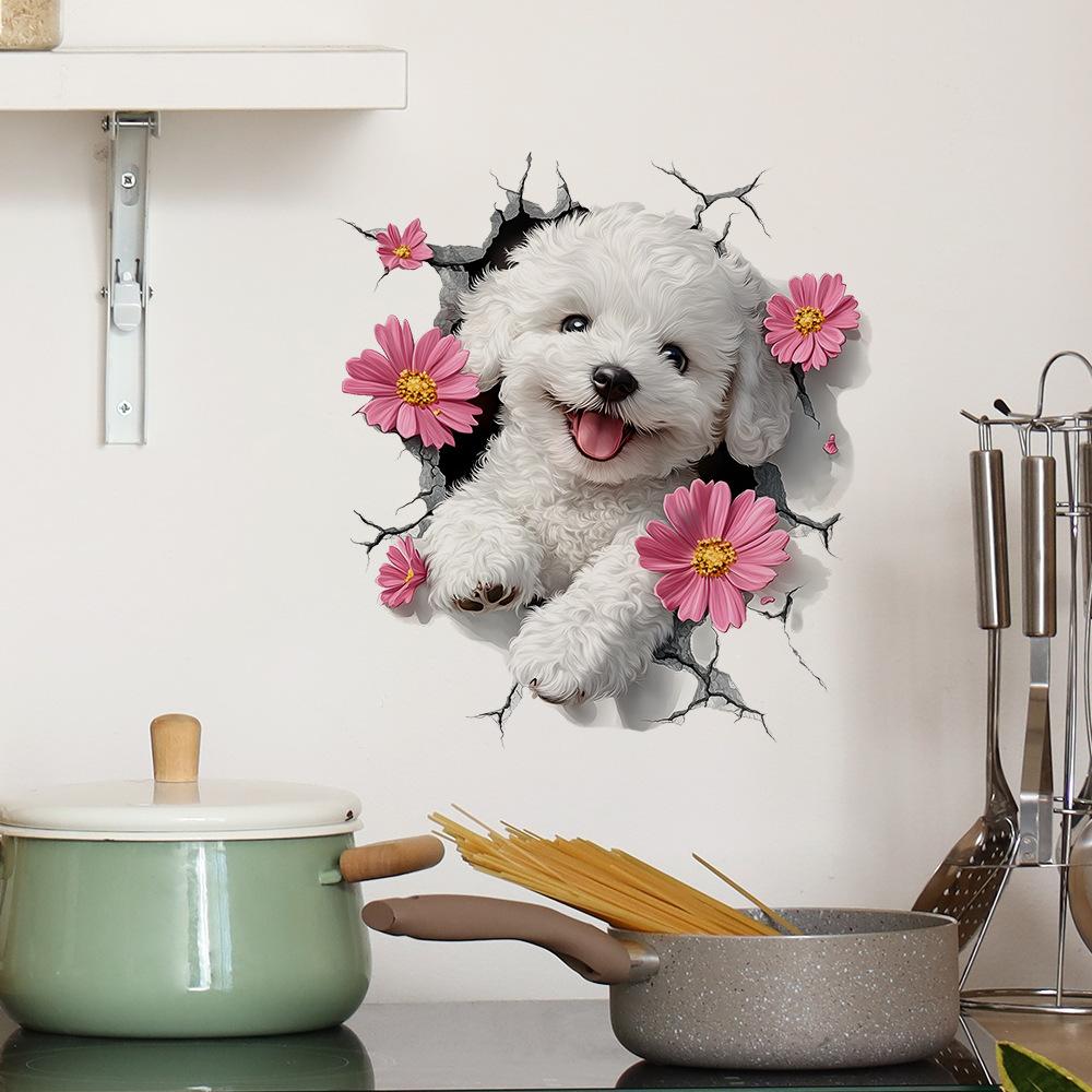 Lovely Dog & Floral Pattern Wall Decals Self-Adhesive Sticker for Living Room Bedroom Entryway Decor