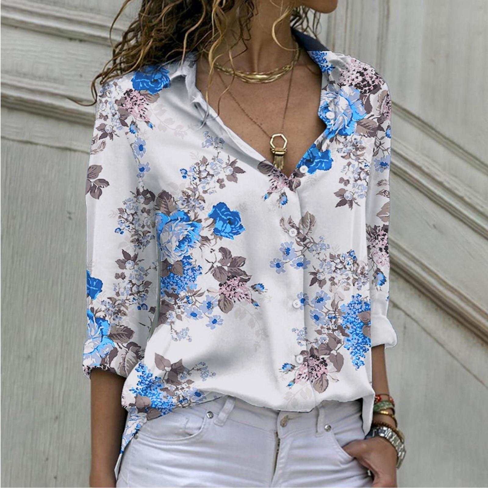 

Женская модная повседневная рубашка с длинными рукавами и пуговицами с принтом, верхняя блузка L синий