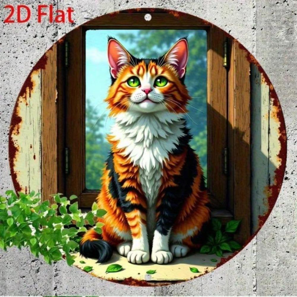 Vintage Green Eyed Cat Metal Sign with Floral Art for Home Kitchen Bar Decor