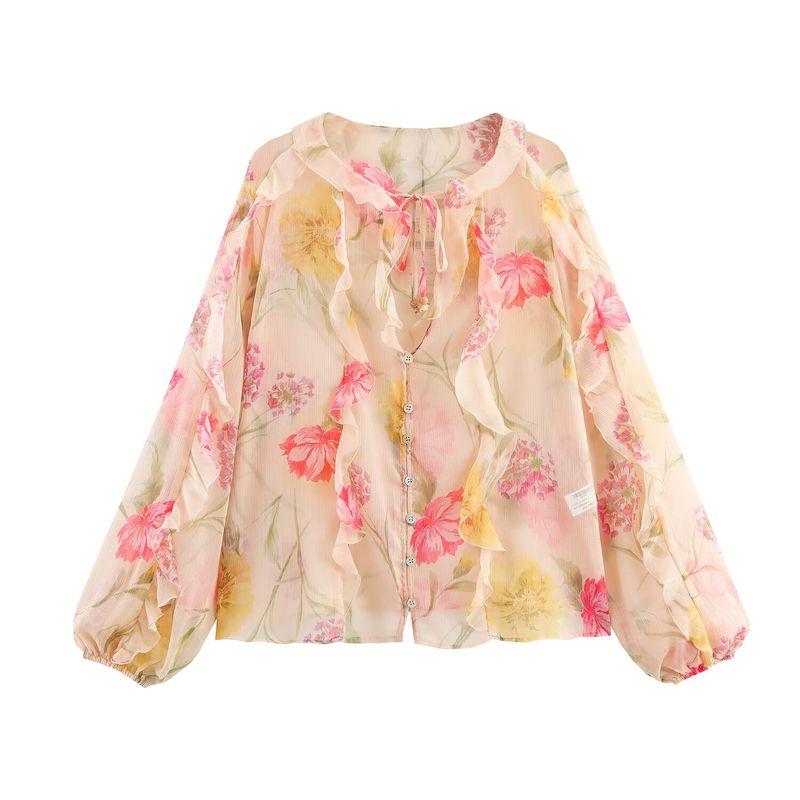 

Araltay New Western Style Women clothes Versitile Fashion Casual Flower Print Translucent Shirts 8652111 Color L