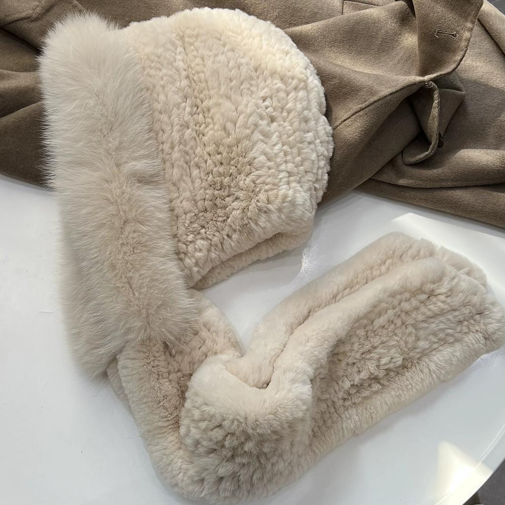 New Rex Rabbit Hair Hat Scarf Integrated Snow Cap Women's Winter Fox Fur Warm Versatile Hooded Scarf