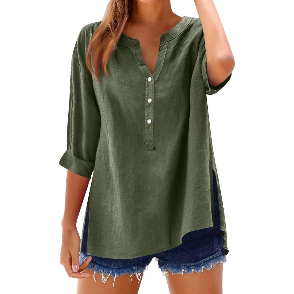 Women's Casual V-Neck Button Down Shirt Solid Color Long Sleeve Hem Split Cotton Blouse
