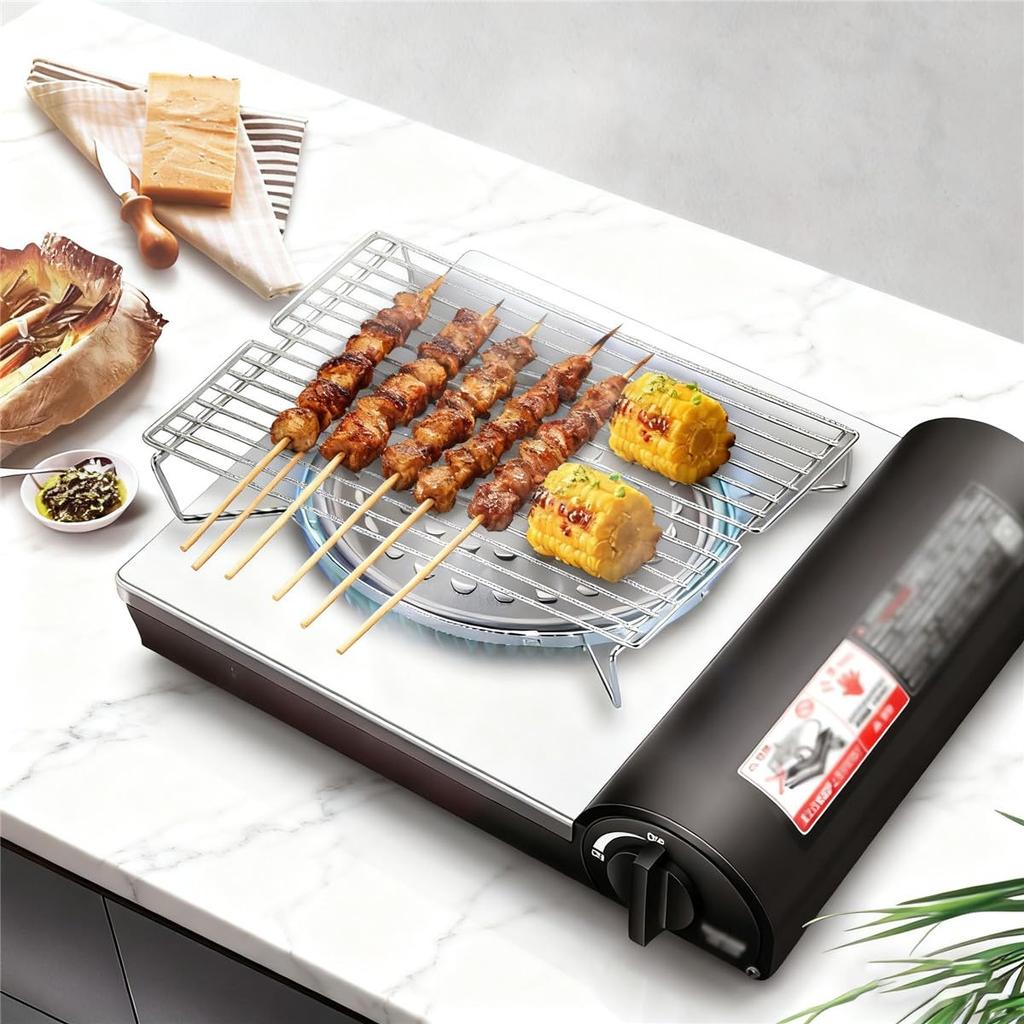 Portable portable barbecue grill for home use. Easy to use on gas stoves and gas cooktops. Compact and easy to store camping grill.