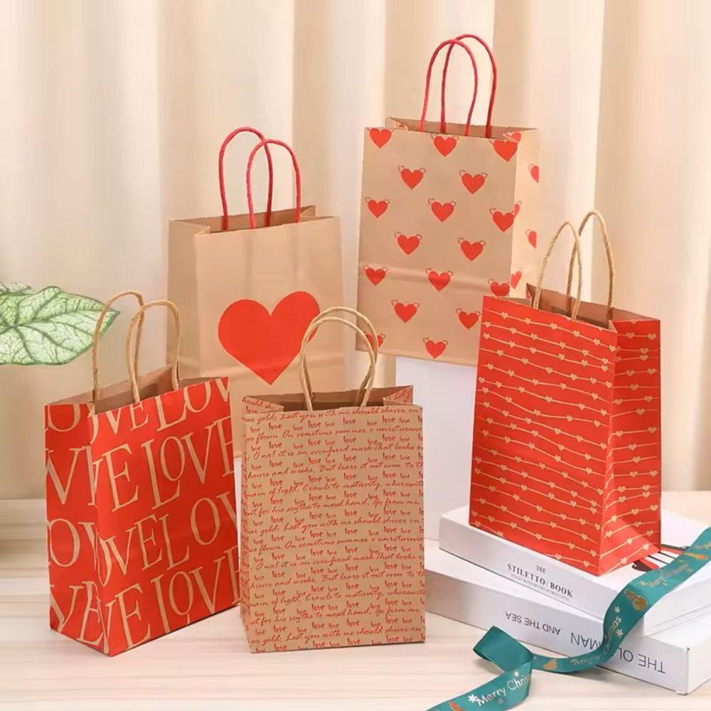 10Pcs Creative Kraft Paper Gift Bags Large Capacity with Handles Love Print Handbag Storage Bag Valentine Day Festival Supplies