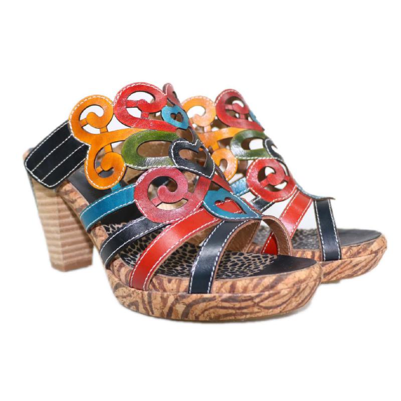 Johnature Genuine Leather Women Shoes Mixed Colors Sewing Outside Slides Women Slides