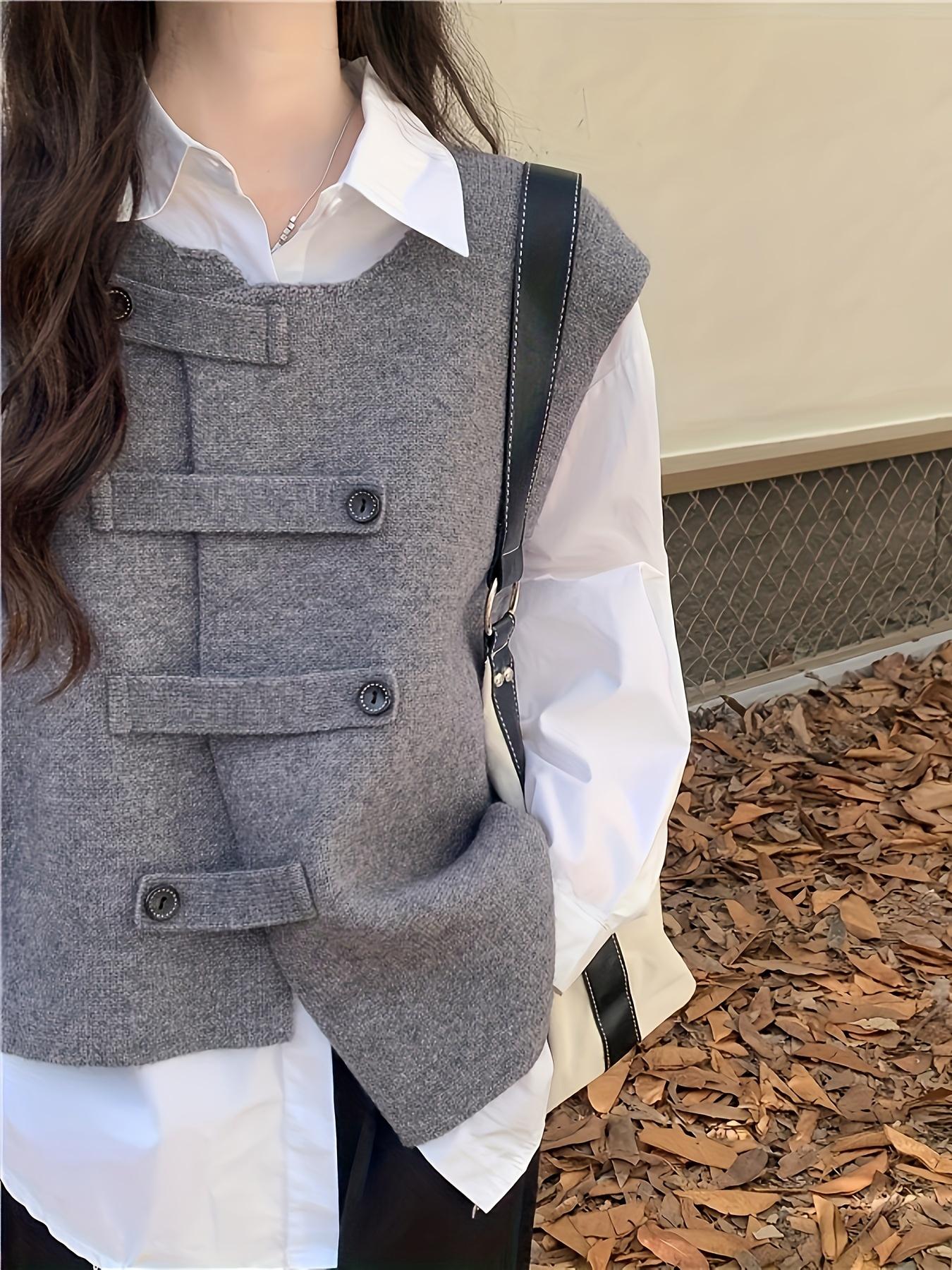 

Жилет свитера в стиле преппи для женщин с V-образным вырезом, однотонный, осенний, модный, с пуговицами, женский, для отдыха, трикотаж, мягкий, сладкая одежда, корейский Asian S/M