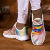 Women's Casual Sneakers - Low-Top Breathable Fabric Lace-Up Shoes with Rainbow Stripe Accents