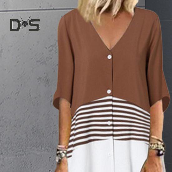 Summer Maxi Dress Contrast Color Maxi Dress Striped Single-breasted A-line Big Swing Short Sleeve Patchwork Dress