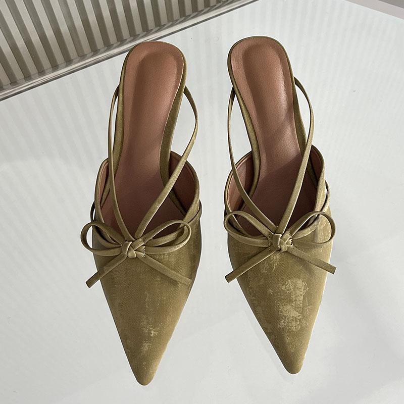 

Модная женская обувь с острым носком Новинка 2025 Туфли-лодочки Женские Туфли на низком каблуке Мюли Модные с бантом Неглубокие Женские Туфли на каблуке Шлепанцы 35 зелёный