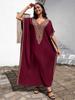 EDOLYNSA Sexy V-Ausschnitt Goldbesticktes Langes Strandkleid, Damen Retro Kaftan Locker Strandbekleidung Urlaub Badeanzug Bikini Cover-up