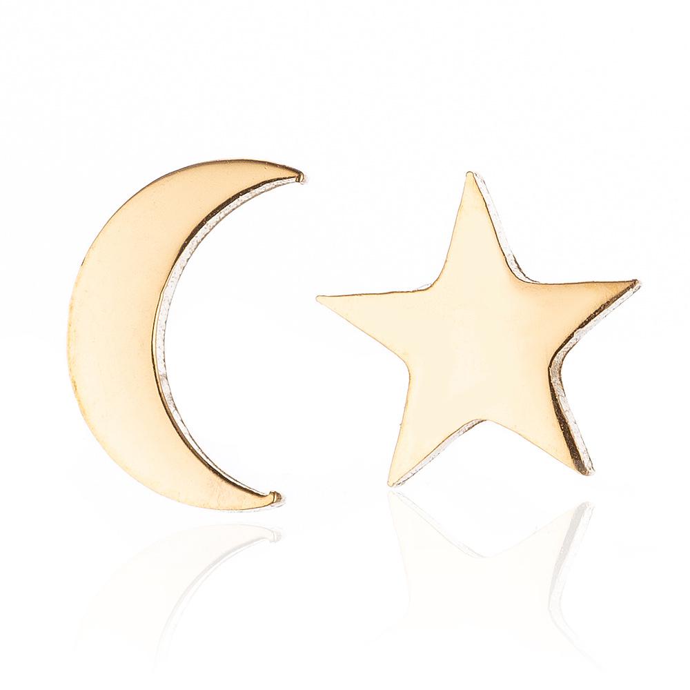 Asymmetrical Korean Moon and Star Stainless Steel Earrings